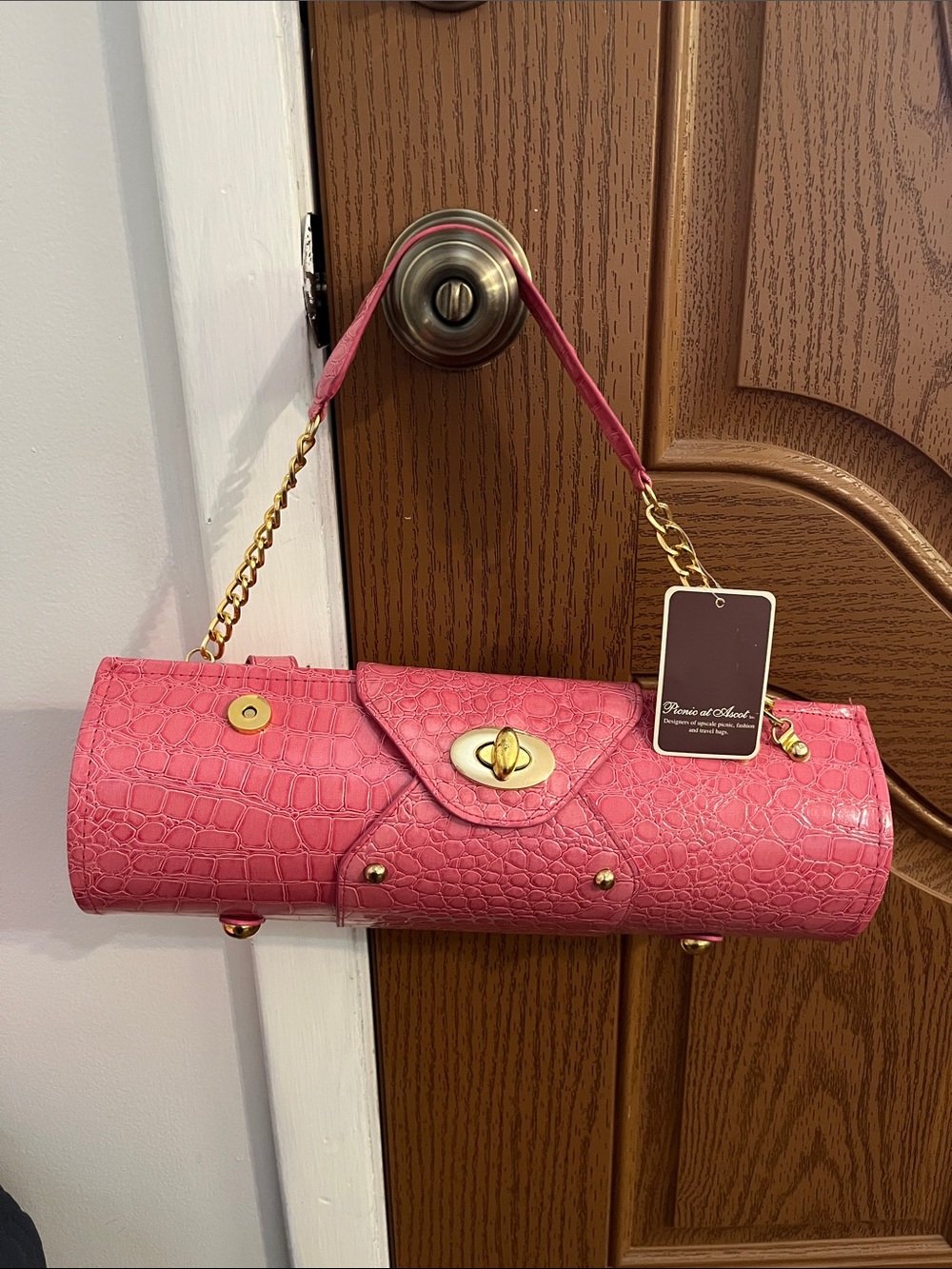 New Pink Croc-Embossed Wine Carrier and Purse Shoulder Bag with Gold Hardware